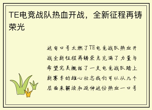TE电竞战队热血开战，全新征程再铸荣光